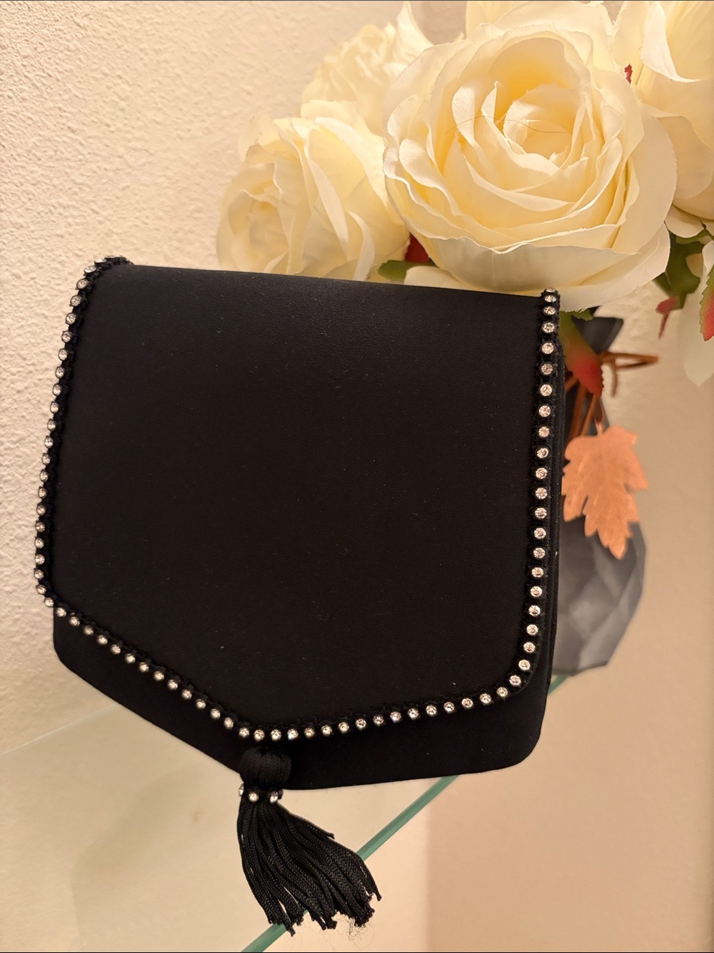 Black Stud-Trim Crossbody Bag with Tassel